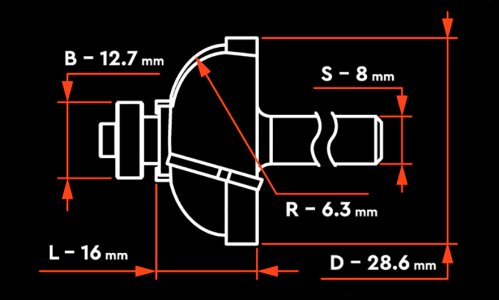 Характеристика товара «Фреза Dnipro-M В1101 8x12,7х28.6 L-16 R-6,3 мм, кромочная калёвочная, с подшипником» - фото №1